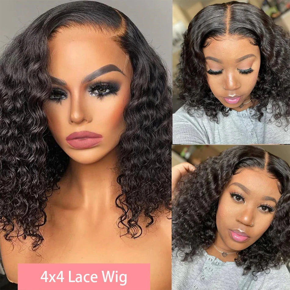 Crown & Glory Wigs  180 Density Curly Bob Wig 13x4 Lace Front Human Hair Wigs Brazilian Short Deep Wave Bob Wig PrePlucked 4x4 Wig Human Hair Women