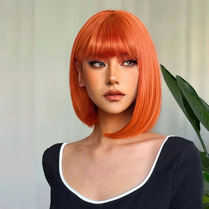 Crown & Glory Wigs Orange Short Bob Straight Synthetic Wigs with Bangs for White Women Afro Cosplay Christmas Hair Natural Daily Heat Resistant Wig