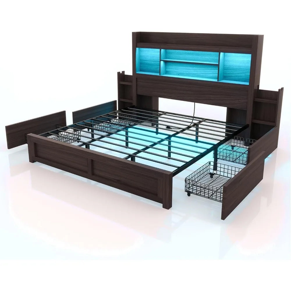 Living Room Queen Bed Frame with 49.6" Bookcase Headboard & 2 Bedside Stoage Racks & Drawers,Wood Bed Frame with RGB LED & Charging Station