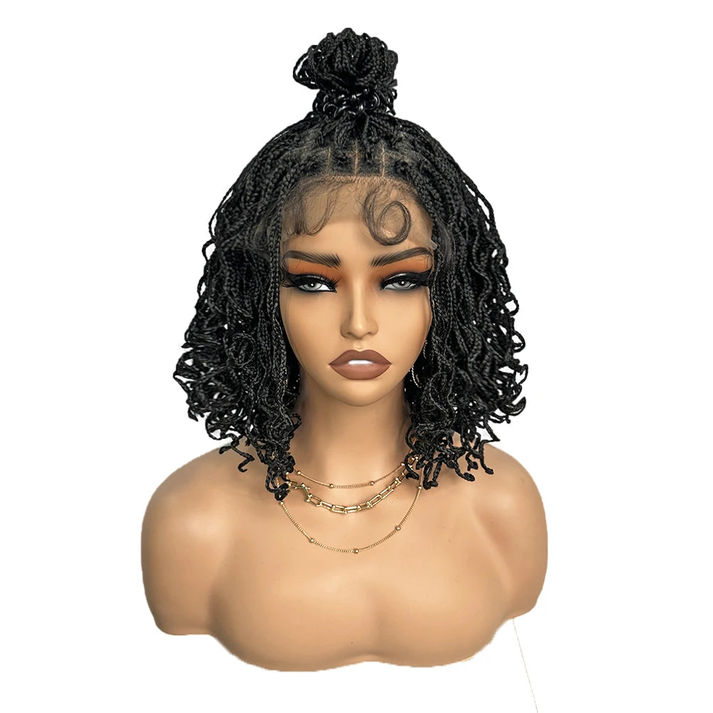 Crown & Glory Wigs Synthetic 4x4 Lace Front Braid Wig 14inch Curly Faux Locs Black Color Large Parting Space Twist Dreadlock Wigs for Black Women