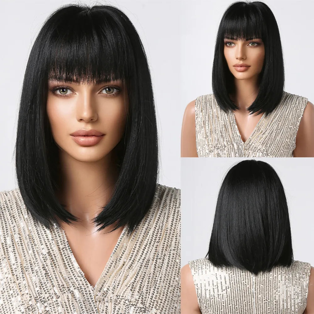 Crown & Glory Wigs  HENRY MARGU Brown Highlight Bob Wig Mixed Color Synthetic Hair for Women Natural Short Straight Wigs with Bangs High Temperature