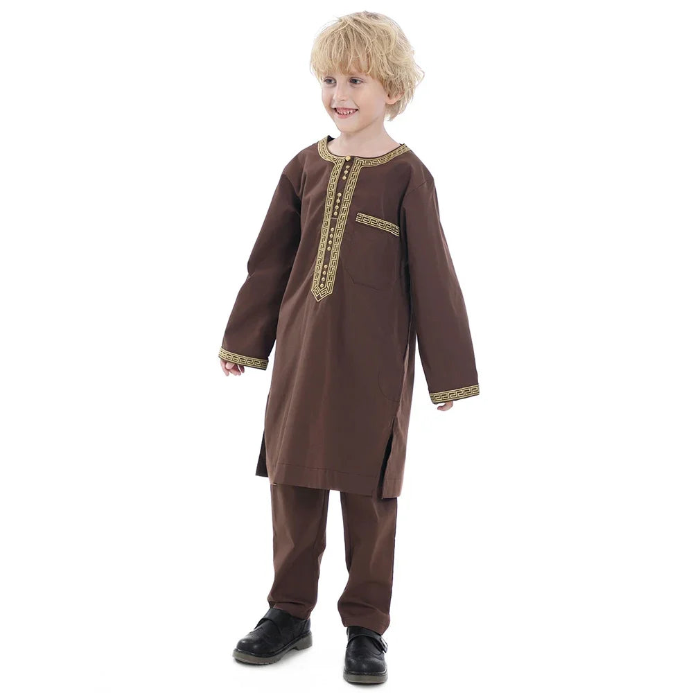 Muslim family   Muslim Children Robe 2 Piece Set Kids Boy Round Neck Long Sleeve Printed Dress Shirt Abaya Kaftan Jubba Thobe Islamic Clothing