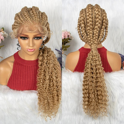 Crown & Glory Wigs  28 Inch Blonde Colour Synthetic Lace Front Braided Wigs for Black Women Crochets Braids Hair Wig Pre Plucked with Baby Hair