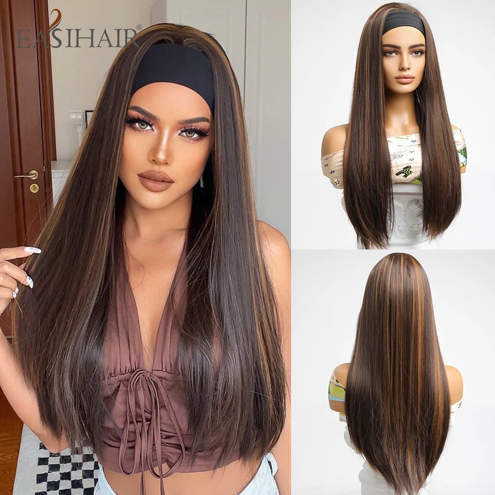 Crown & Glory Wigs  EASIHAIR Long Straight Headband Synthetic Wigs Black with Brown Highlight Headband Wig Heat Resistant Daily Fake Hair for Women