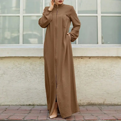 Muslim Family   Jalabiya Dress Women Long Sleeve Muslim Eid Casual Solid Color Abaya Caftan Kaftan Dresses Ramadan Abayas Vestido Zipper Robe