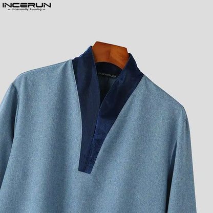 Muslim family   INCERUN Tops 2024 Muslim Style Hot Sale Mens Shirts Muslim Dual Color Patchwork Design Standing Collar Long Sleeved Blouse S-5XL