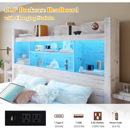 Living Room Queen Bed Frame with 49.6" Bookcase Headboard & 2 Bedside Stoage Racks & Drawers,Wood Bed Frame with RGB LED & Charging Station