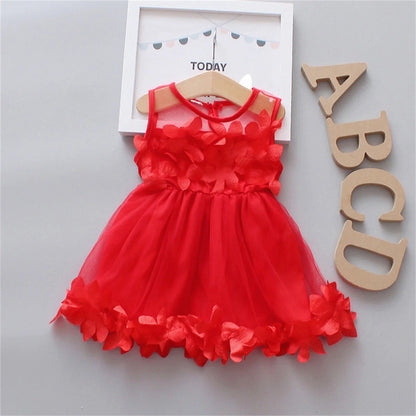 Girl clothing Baby Girls' Red Christmas Birthday Party Dress Preschool Children'S Hollow Out Sleeveless 3d Petal Mesh Summer Clothing