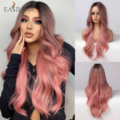 Crown & Glory Wigs EASIHAIR Ombre Brown Light Blonde Platinum Long Wavy Middle Part Hair Wig Cosplay Natural Heat Resistant Synthetic Wig for Women