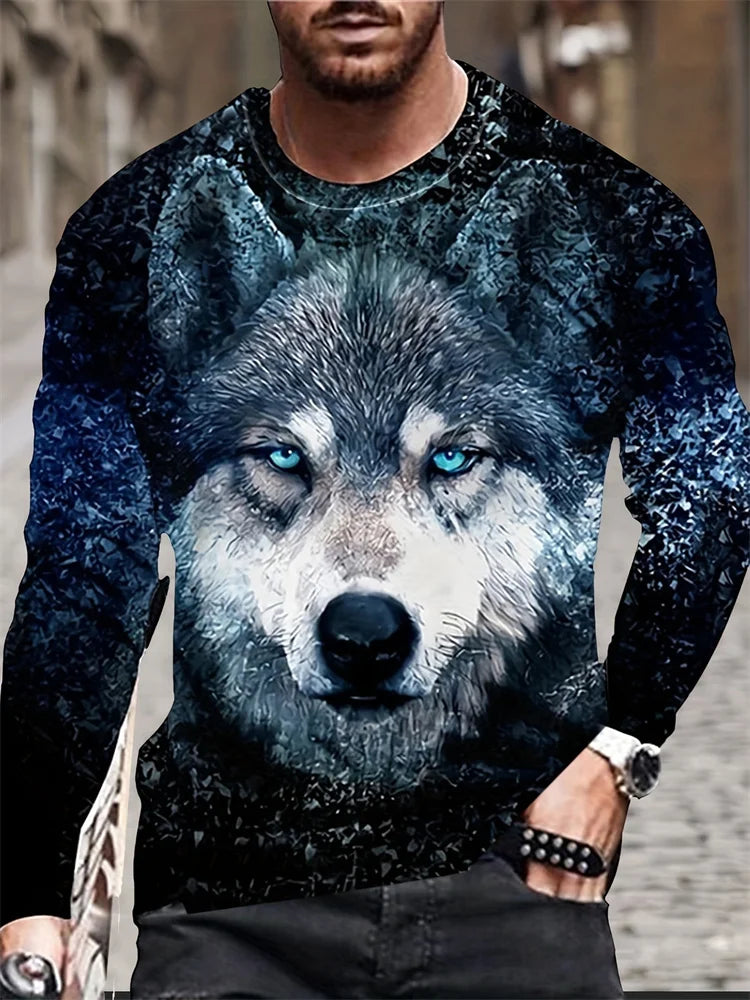 Men clothing Street Fashion Men's Long Sleeve T-shirt  Wolf Print