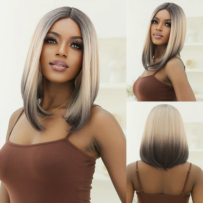 Crown & Glory Wigs   Brown Blonde Lace Front Wigs Short Straight Bob Synthetic Lace Frontal Wig with Baby Hair for Women Blunt Cut Natural Daily Hair