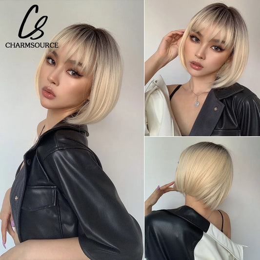 Crown & Glory Wigs  Bob Synthetic Wigs Ombre Brown to Blonde Straight Short Hair with Bangs for Women Daily Party Cosplay Use Heat Resistant Fibre