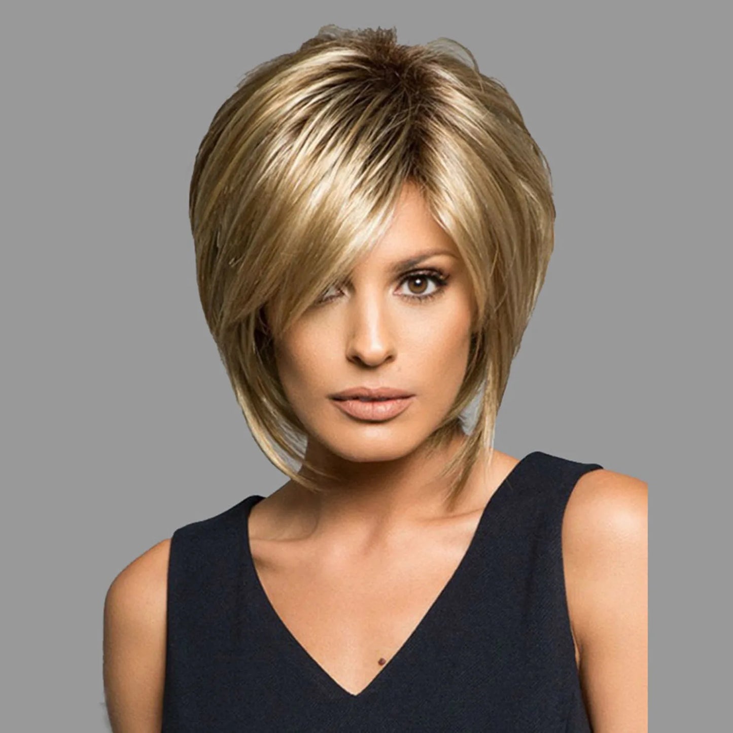 Crown & Glory Wigs Short Brown Pixie Cut Wigs with Bangs Straight Synthetic Hair Wig Ombre Blonde Wig Headband Cosplay Wig