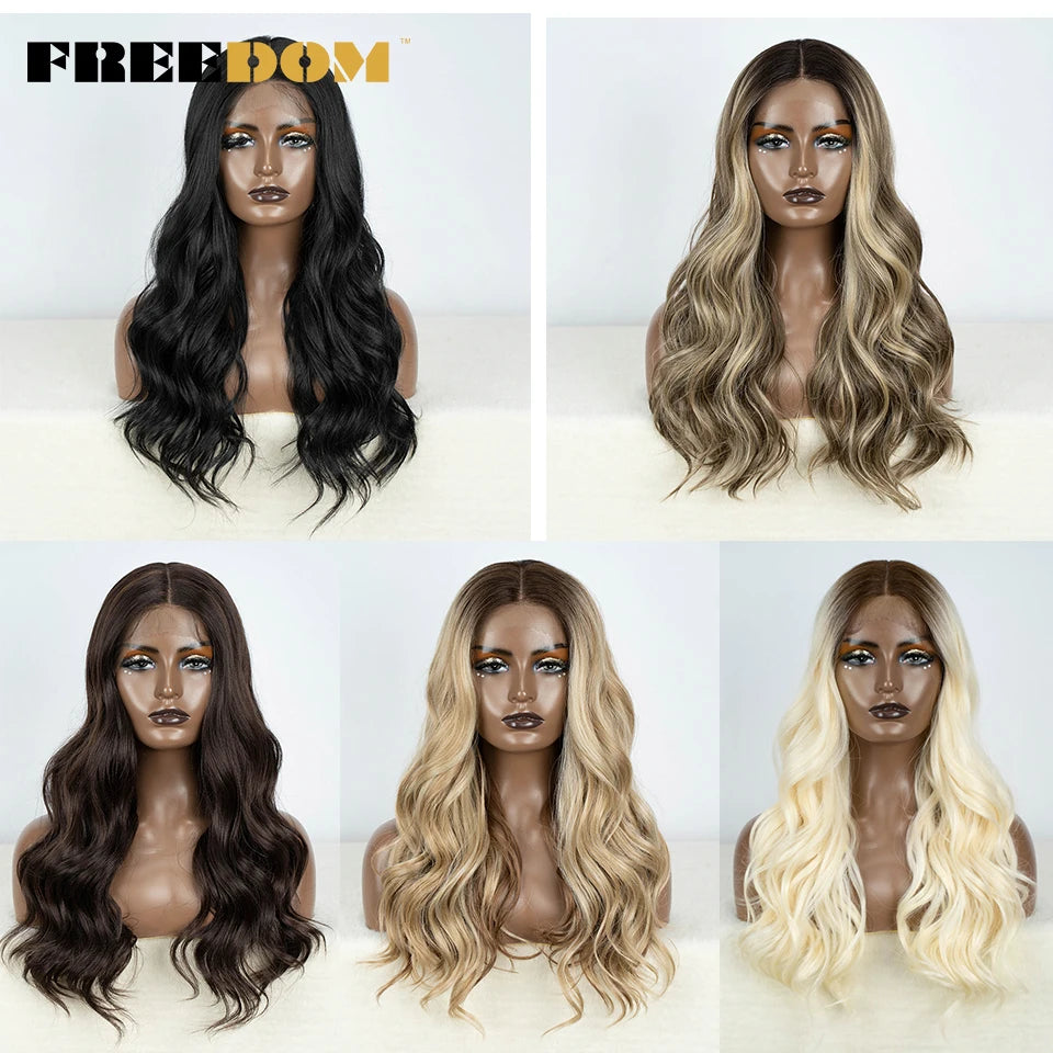 Crown & Glory Wigs   FREEDOM Synthetic Lace Front Wigs For Women Body Wave 24 Inch Wavy Wig Ombre Brown Blonde Pink Lace Wig White Cosplay Wig