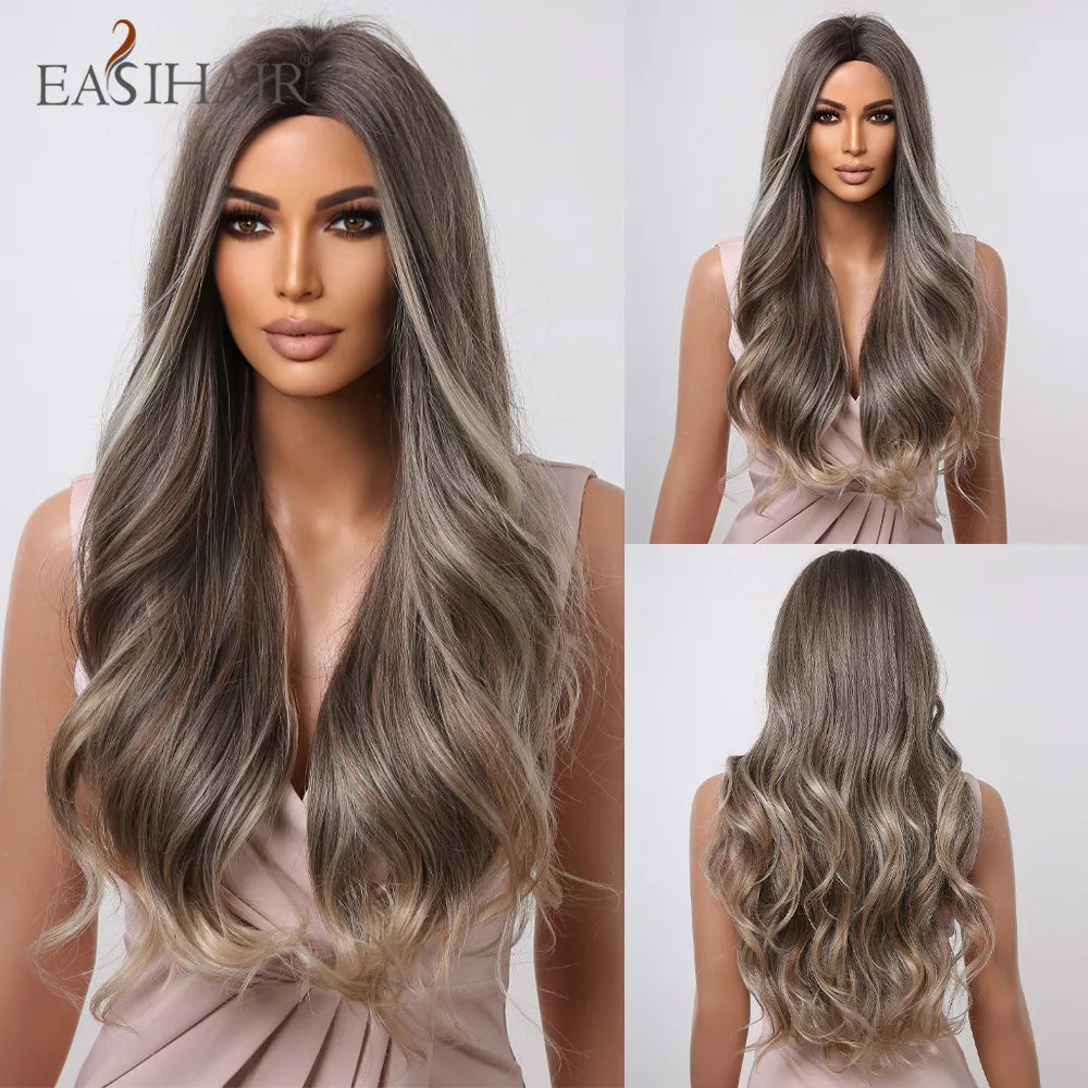 Crown & Glory Wigs EASIHAIR Ombre Brown Light Blonde Platinum Long Wavy Middle Part Hair Wig Cosplay Natural Heat Resistant Synthetic Wig for Women