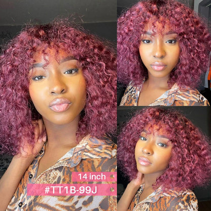 Crown & Glory Wigs  Debut Highlight Curly With Bangs Human Hair Wigs Kinky Curly Wigs For Black Women Brazilian Remy Human Hair Wigs Cheap Jerry Curl