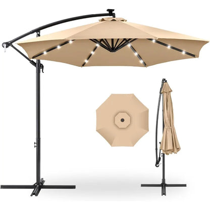 Outdoor 10ft Solar LED Offset Hanging Market Patio Umbrella for Backyard, Poolside, Lawn and Garden w/Easy Tilt Adjustment