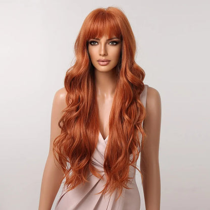 Crown & Glory Wigs  Ginger Curly Synthetic Wigs for Women Long Natural Wavy Orange Wigs with Flat Bangs Colorful Party Heat Resistant Wig