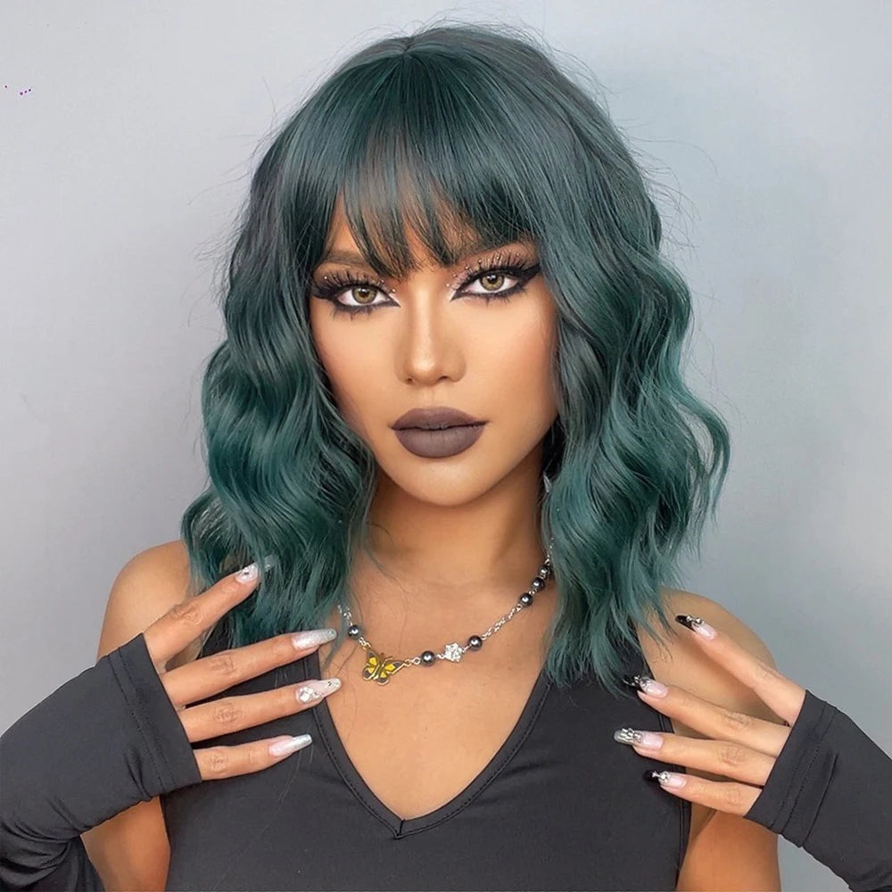 Crown & Glory Wigs  Short Bob Curly Wavy Green Synthetic Wigs with Bangs for Women Afro Cosplay Colorful Natural Hair Wig Halloween Heat Resistant