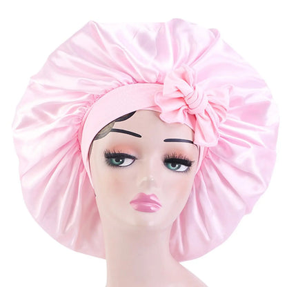 Style & Shine Hair  Satin Solid  Silky Bonnets With Long Tie Bands Elastic Shower Cap Adjustable