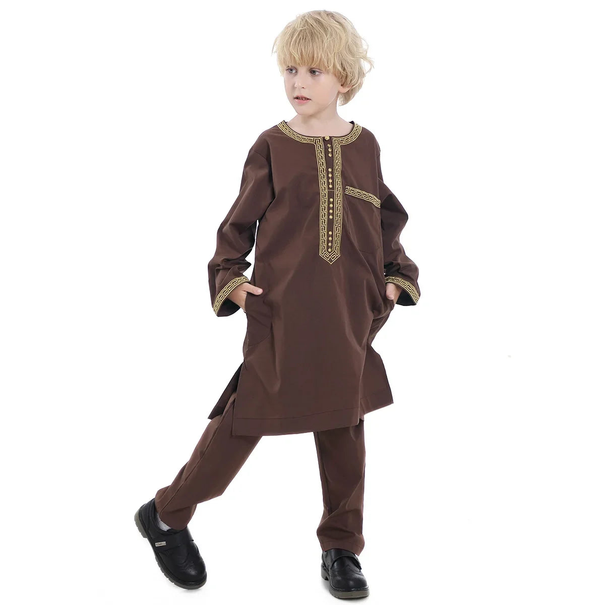 Muslim family    Muslim Kids Jubba Thobe Arab Boy Thobe Children Abaya Ramadan Dress Pant Set 2 Piece Caftan Robe Kaftan Musulman Ensembles