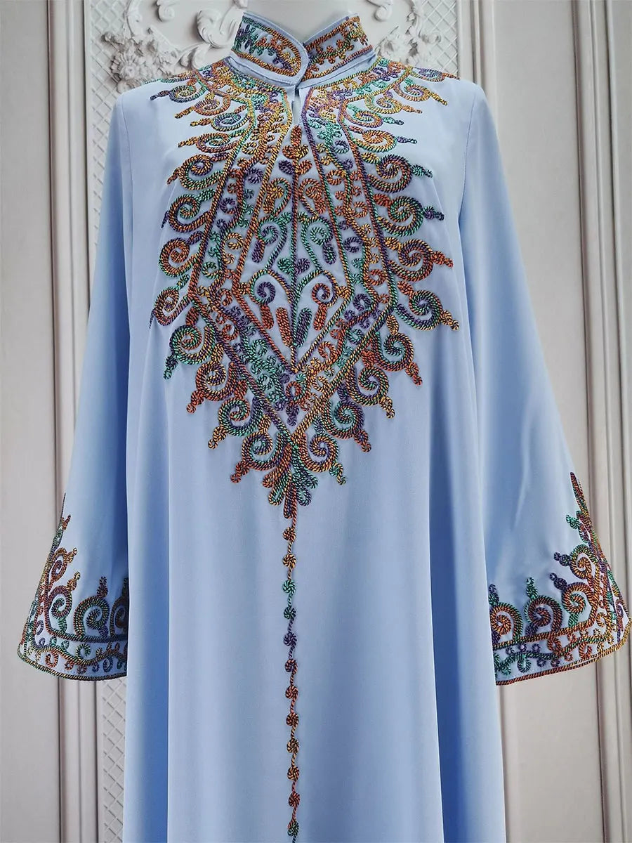 Muslim family   Siskakia Embroidery V-Neck Long Dress Dubai Arab Abaya For Muslim Woman Loose Moroccan Saudi Ethnic Jalabiya Fashion Robe 2024