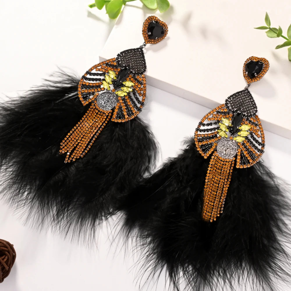 Jewellery   Exaggerated Black Feather Earrings for Drag Queen Statement Accessories Fashion Design Large Rhinestone Dangle Earrings Party