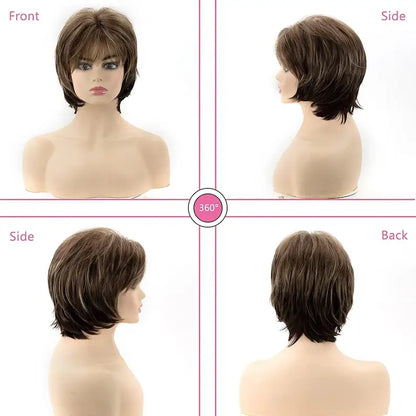 Crown & Glory Wigs Short Brown Pixie Cut Wigs with Bangs Straight Synthetic Hair Wig Ombre Blonde Wig Headband Cosplay Wig