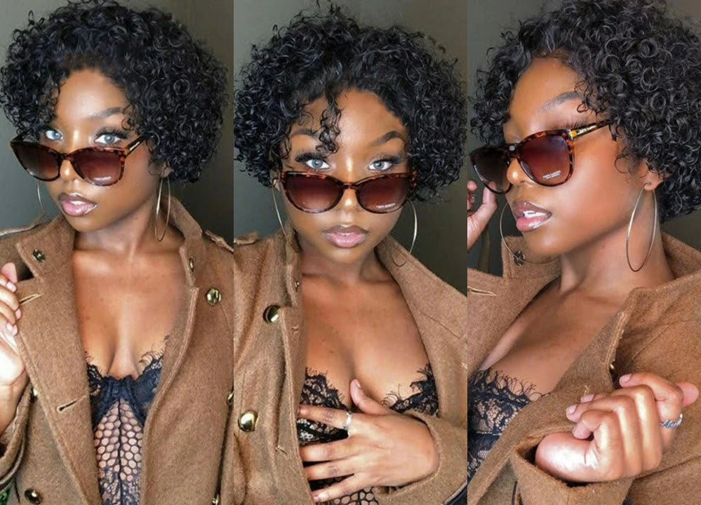 Crown & Glory Wigs  Pixie Cut Wigs Short Kinky Curly Lace Front Human Hair Wigs 13x2 Transparent Lace Frontal Wigs 1B/99 Ombre Water Wave Bob Wig