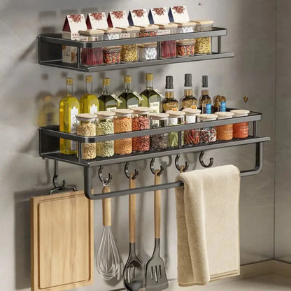 kitchen  30/40/50CM Kitchen Rack Wall-mounted Spice Storage Rack with Hook Rod Kitchen Utensils