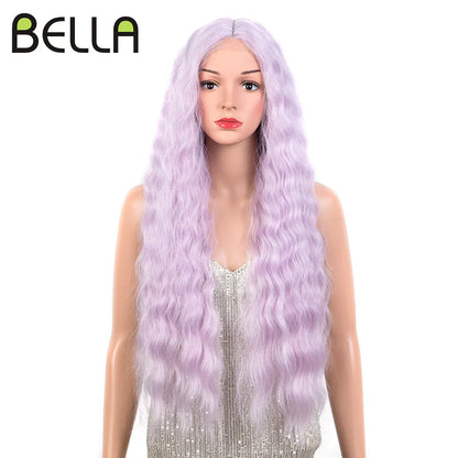 Crown & Glory Wigs  BELLA Lace Wigs Synthetic Deep Wave Curly Synthetic Lace Front Wig Blonde Wig Pink 30 Inch Hair Wigs For Black Women Cosplay