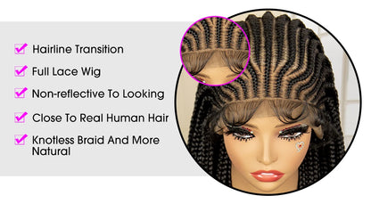 Crown & Glory Wigs  34 Inches Handmade Synthetic Braiding Wig HD Full Lace Cornrow Braided Wigs Back Knotless Box Braids Wig for Black Women