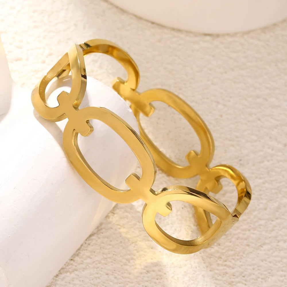 Jewellery  Chunky Circular Link Bracelets Stainless Steel Wide Bracelet Gold Cuff Bracelet For Women Girls  Stackable Gold Color Jewelry