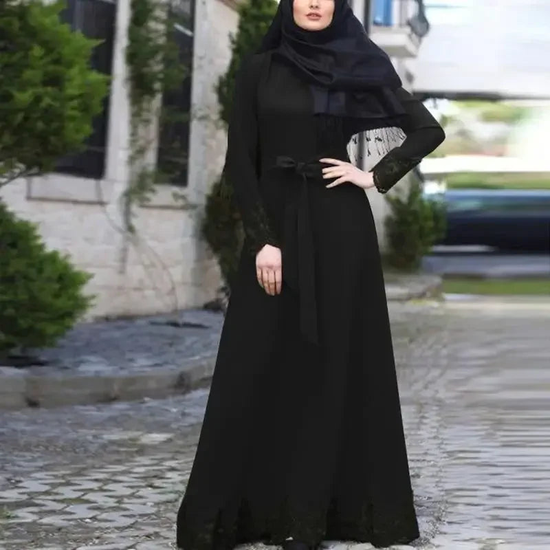 Muslim Family   Women Maxi Dress Muslim Abaya Islamic Clothing Plus Size Middle East Dubai Lace Turkish Kaftan Arab Robe Eid Djellaba Jalabiya