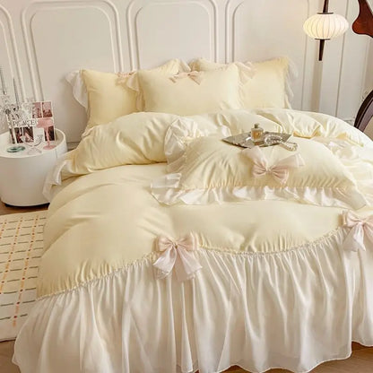 Bedroom   French Princess Style Bedding Sets Ruffle Lace Bow Quilt Cover Romantic Bedclothes Decor Woman Girls Bedroom Duvet Cover 4pcs