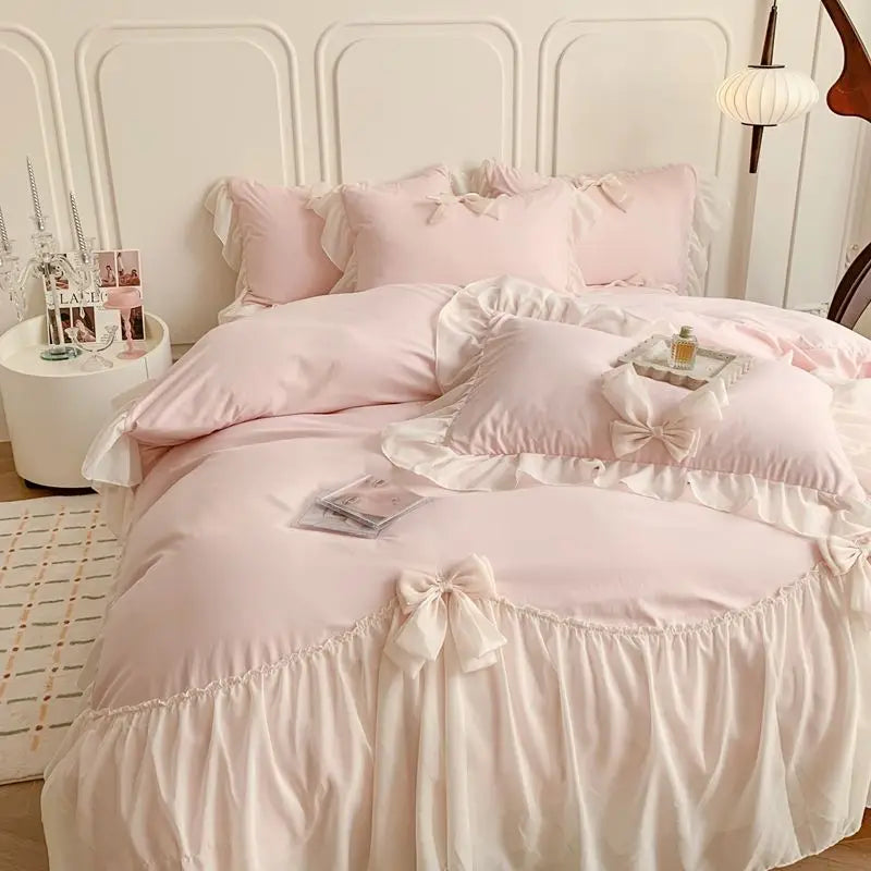 Bedroom   French Princess Style Bedding Sets Ruffle Lace Bow Quilt Cover Romantic Bedclothes Decor Woman Girls Bedroom Duvet Cover 4pcs