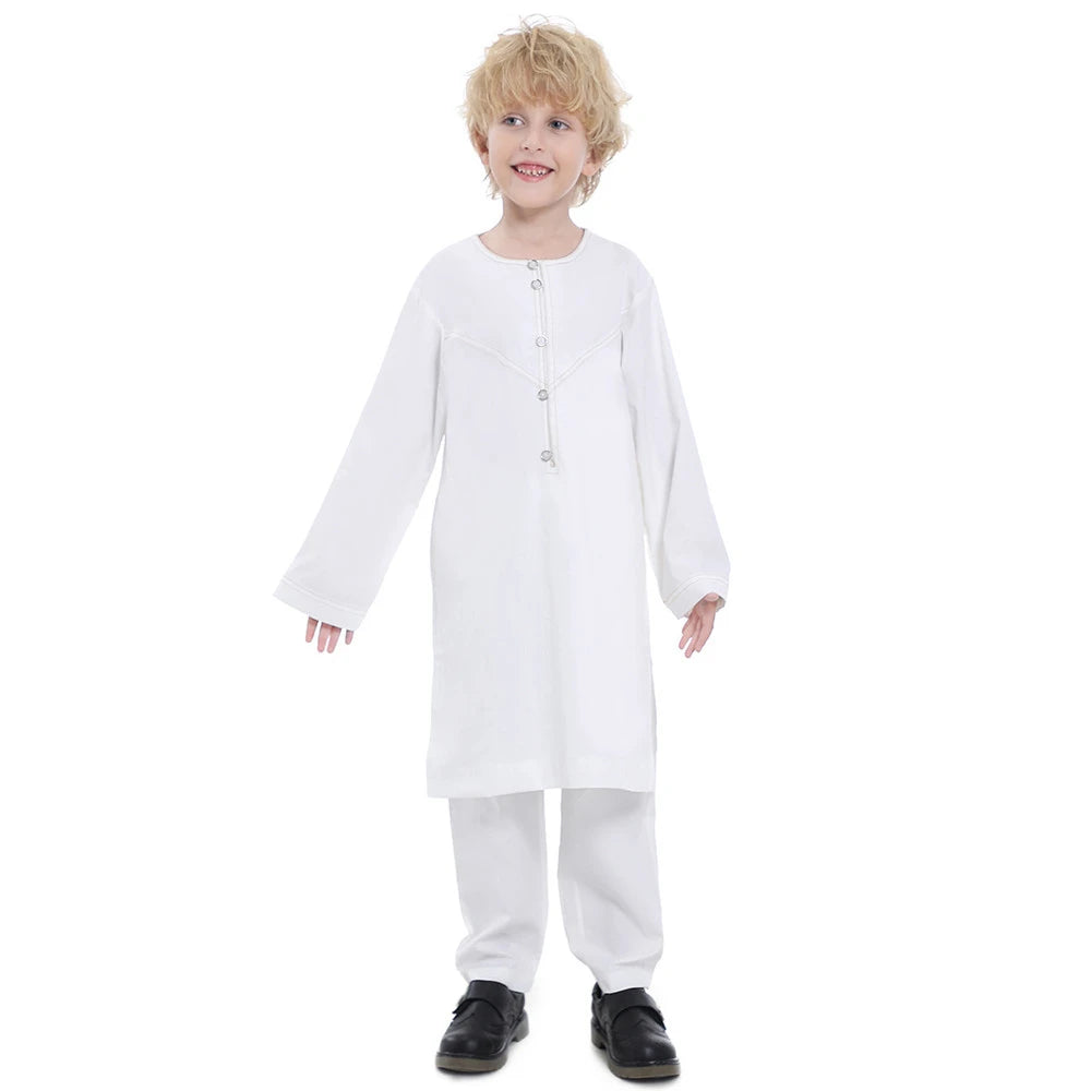 Muslim family   Muslim Boys Kids Jubba Thobe Saudi Arabic Robe 2 Piece Set Tops Pants Dubai Turkey Abaya Dress Kaftan Ramadan Djellaba Dishdasha