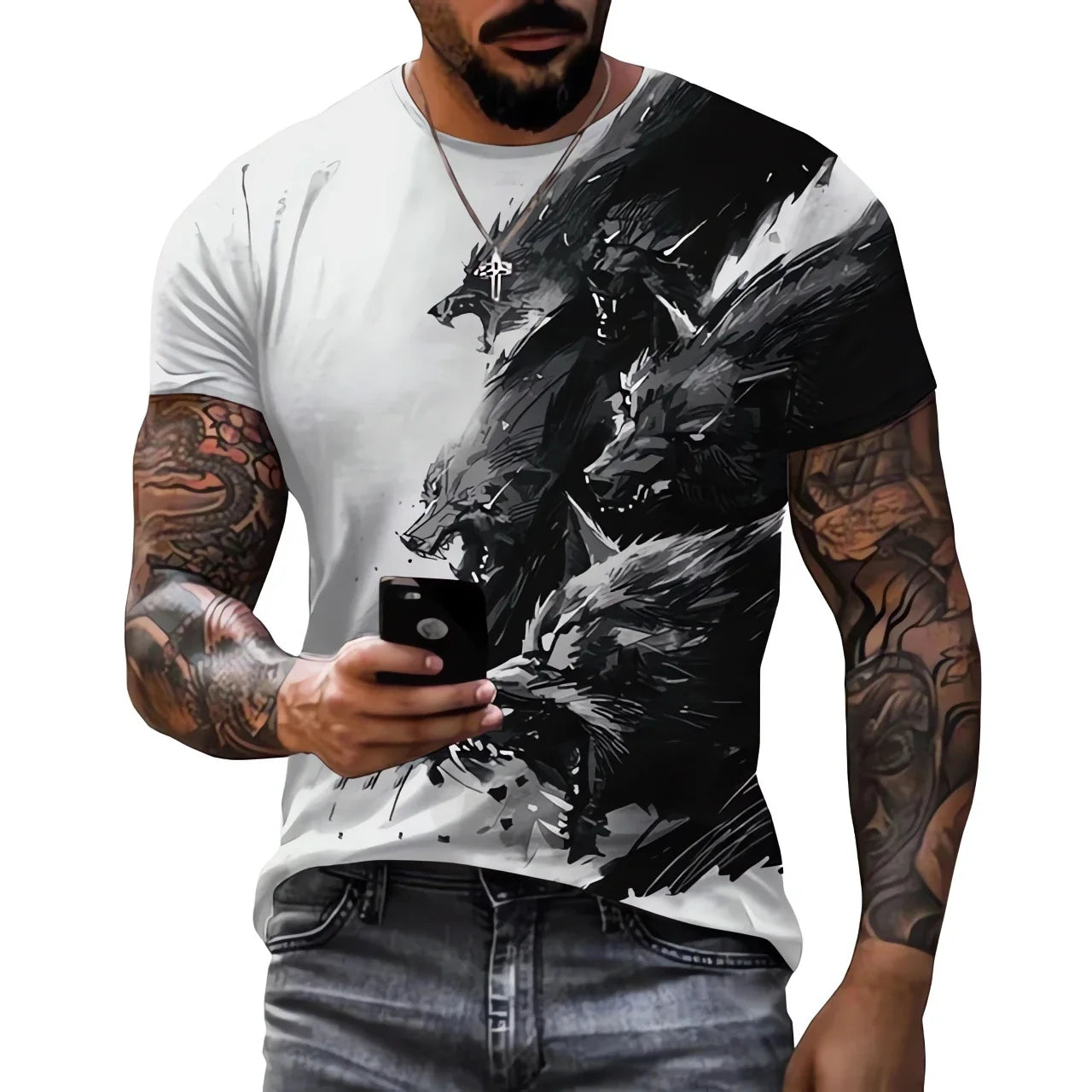 Men clothing  3D printed T-shirt with Wolf print Cool big black T-shirt round neck o neck