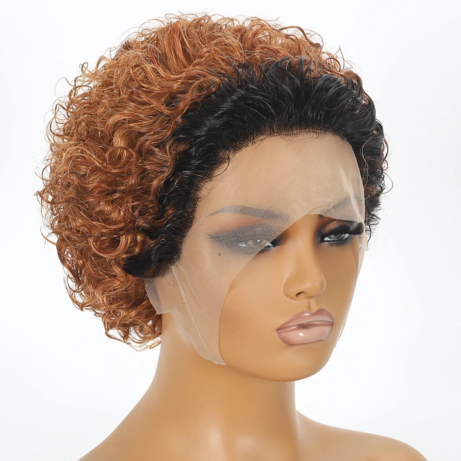 Crown & Glory Wigs  Pixie Cut Wigs Short Kinky Curly Lace Front Human Hair Wigs 13x2 Transparent Lace Frontal Wigs 1B/99 Ombre Water Wave Bob Wig