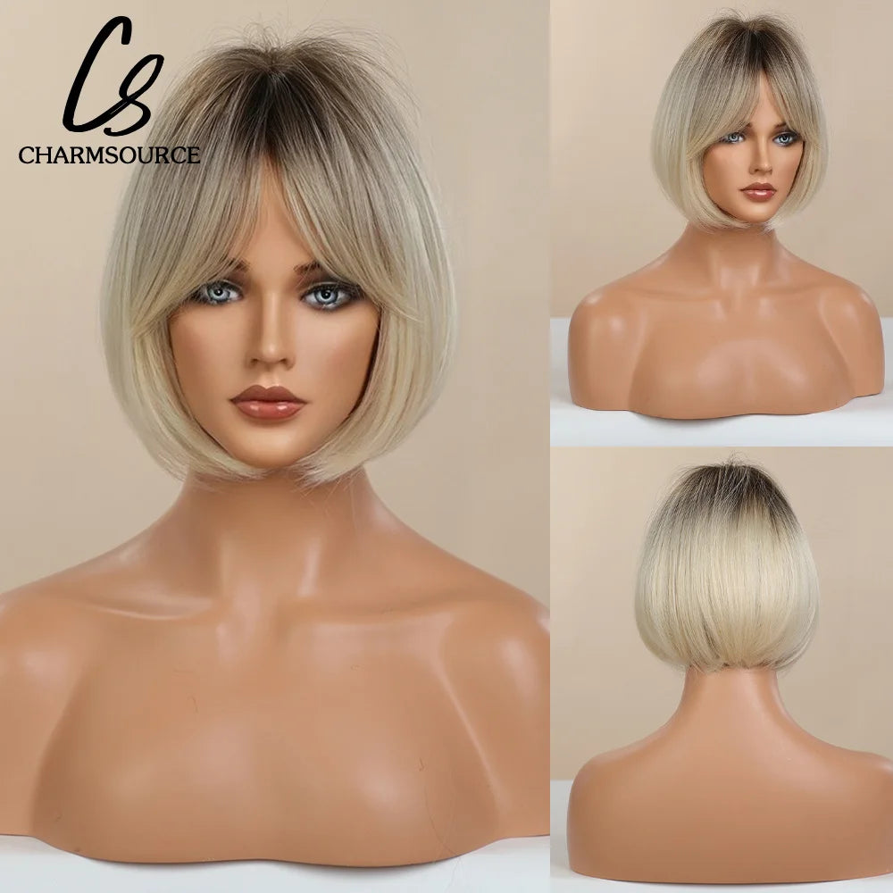 Crown & Glory Wigs  Bob Synthetic Wigs Ombre Brown to Blonde Straight Short Hair with Bangs for Women Daily Party Cosplay Use Heat Resistant Fibre