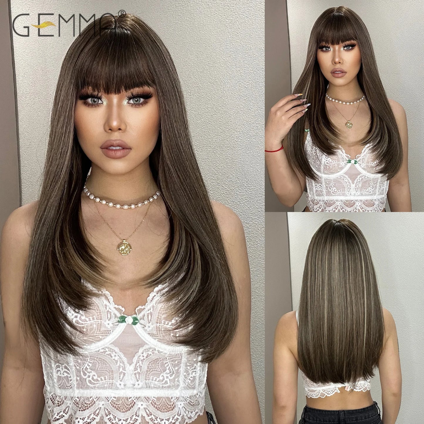 Crown & Glory Wigs  Mixed Brown Blonde Synthetic Long Straight Layered Wig Natural Hair Cosplay Party Wigs with Bangs for Women Afro Heat Resistant