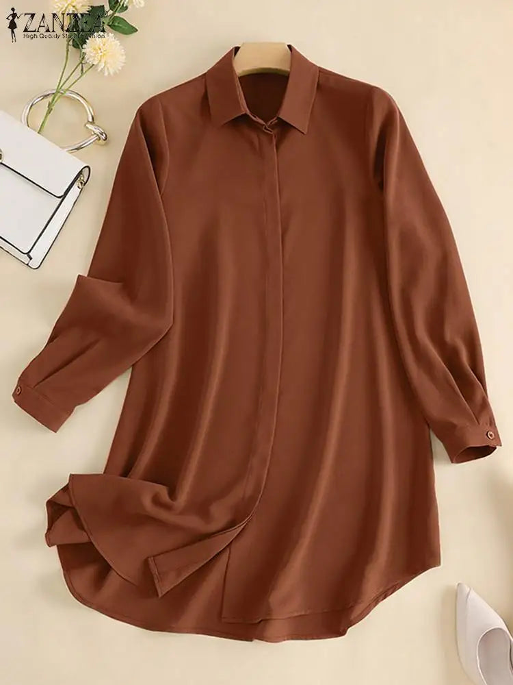 Muslim family Women  Muslim Blouse ZANZEA Spring Elegant Long Sleeve Solid Shirt  Turkey Tops Abaya Marocain Blusas IsIamic Clothing