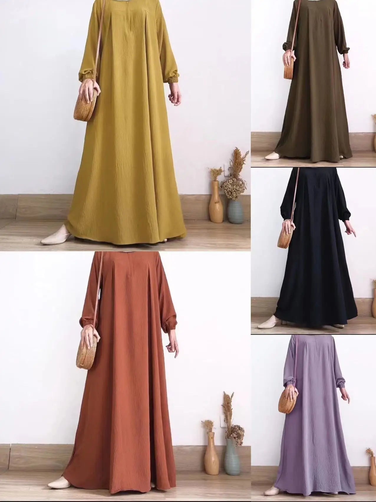 Muslim Family    Middle East Pleated Dress for Women, Muslim Fashion, Dubai, Arab Style, Elegant, Solid Round Neck, Long Sleeve, Abaya