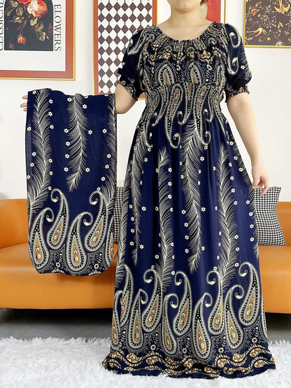 Muslim family   Women Party Dress Muslim Summer Short Sleeve Long Dress Collect Waist Floral Boubou Maxi Islam Women Dress African Abaya Clothes