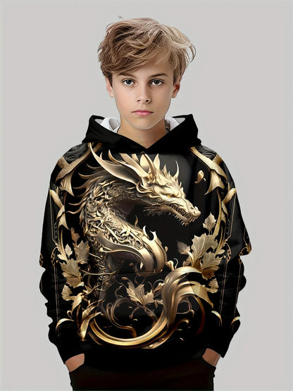 Boy  clothing   Kids Clothes Boys 3D Printed Cool Golden Dragon Boys Hoodie Fashion Long Sleeve Tracksuit Top Perfect Spring Autumn Kids Clothes