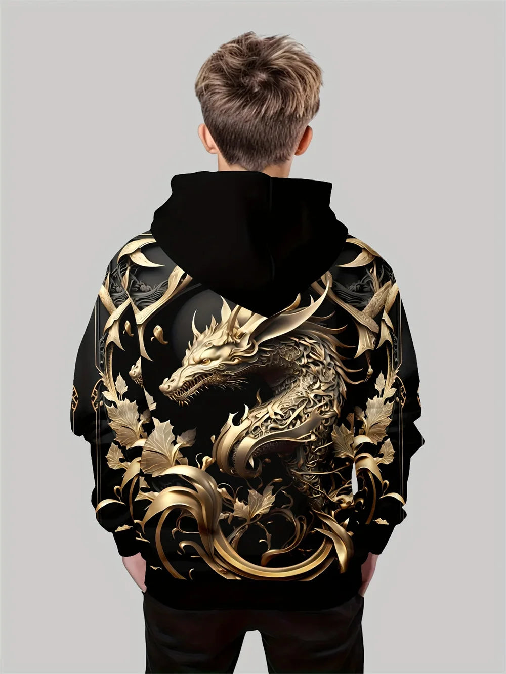 Boy  clothing   Kids Clothes Boys 3D Printed Cool Golden Dragon Boys Hoodie Fashion Long Sleeve Tracksuit Top Perfect Spring Autumn Kids Clothes