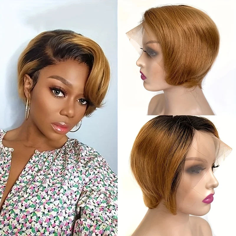 Crown & Glory Wigs Short Bob Pixie Cut Wig 13*4*1 Lace Frontal Straight Transparent Lace Front Human Hair Wigs For Women