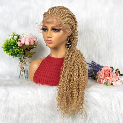 Crown & Glory Wigs  28 Inch Blonde Colour Synthetic Lace Front Braided Wigs for Black Women Crochets Braids Hair Wig Pre Plucked with Baby Hair