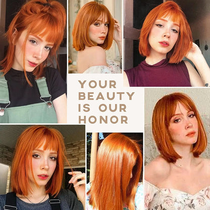 Crown & Glory Wigs Orange Short Bob Straight Synthetic Wigs with Bangs for White Women Afro Cosplay Christmas Hair Natural Daily Heat Resistant Wig