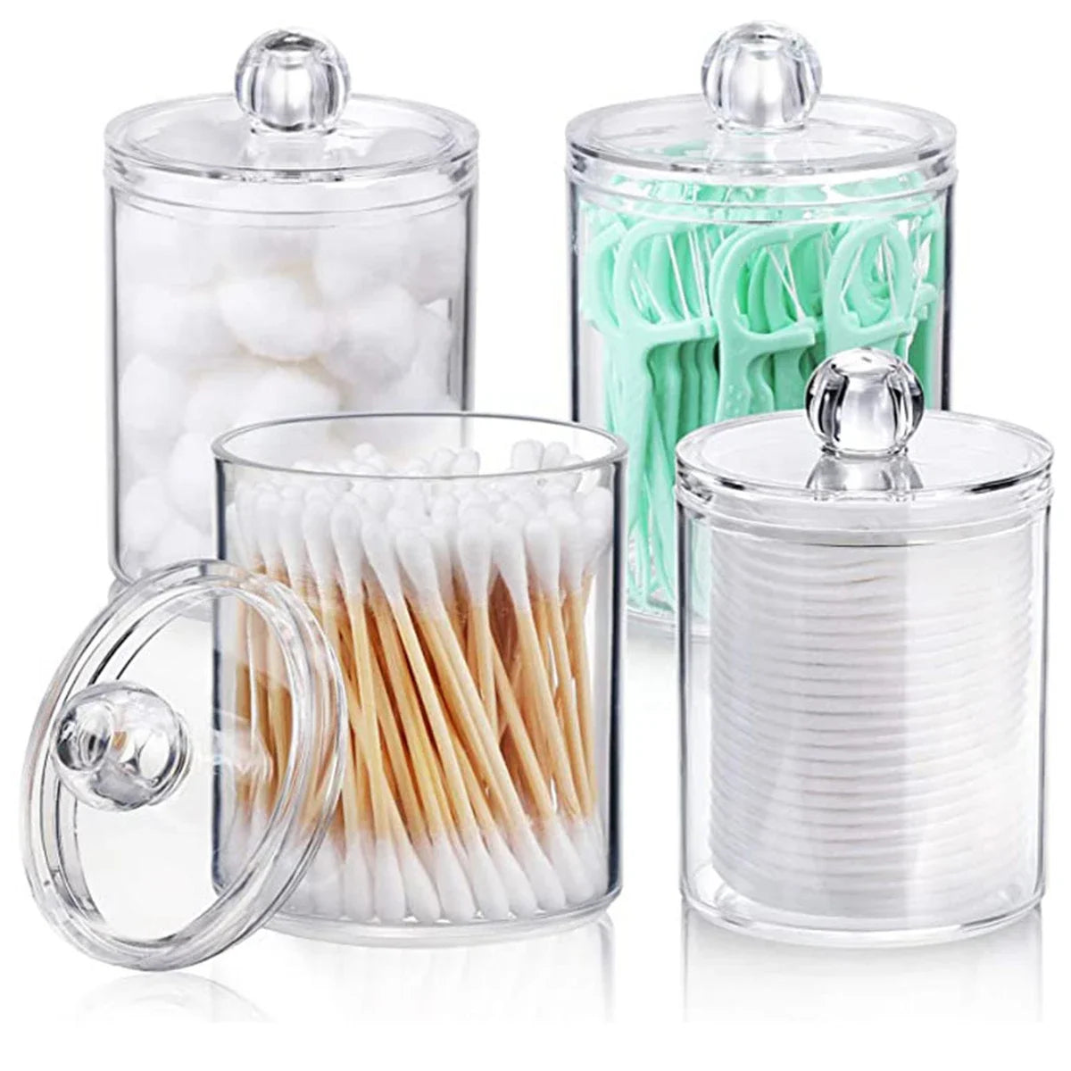 Bathroom 4Pcs Qtip Holder Dispenser with Lids Clear Acrylic Bathroom Jars Swab Storage Multifunction Acrylic Cosmetic Makeup Organizer